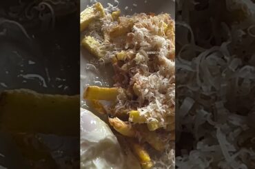 Delicious breakfast with eggs, mushrooms and french fries