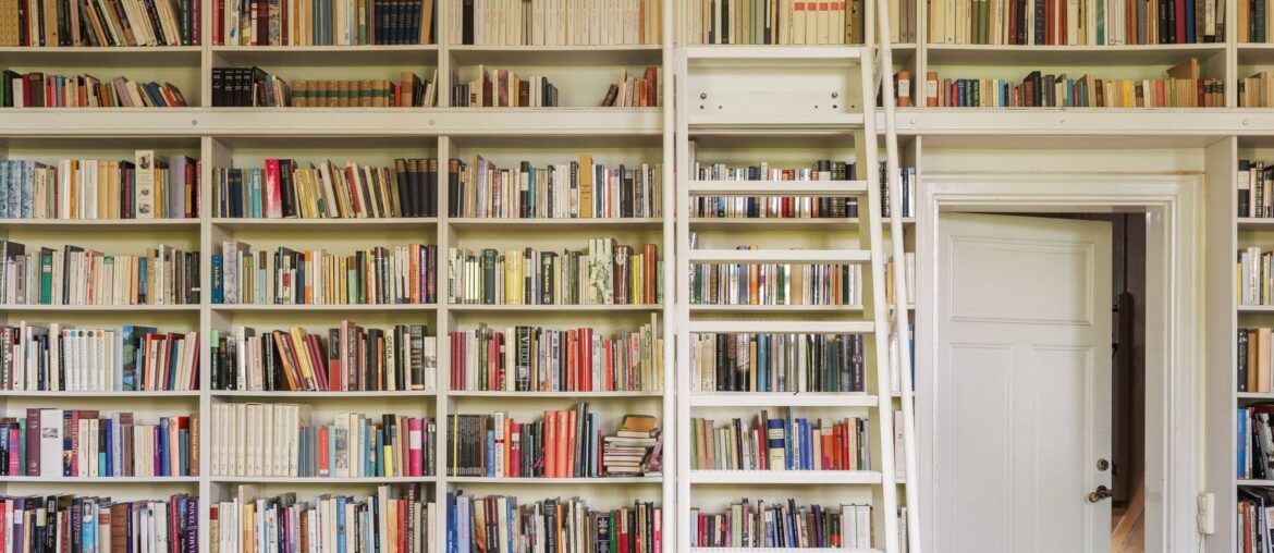 Wall of bookshelves in a former 19th-century church school converted into apartments, Flen, Södermanland County, Sweden [1800x2400]