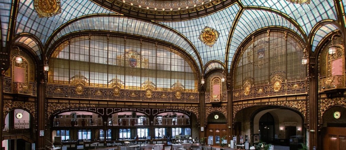Atrium with a giant Art Nouveau glass dome in the former headquarters of the Société Générale bank right next to the Opéra Garnier, 9th arrondissement of Paris, France [1440x1800]