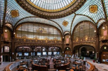 Atrium with a giant Art Nouveau glass dome in the former headquarters of the Société Générale bank right next to the Opéra Garnier, 9th arrondissement of Paris, France [1440x1800]