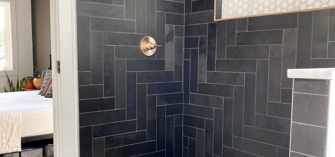Bathroom with a black herringbone tiled shower, Nashville, Tennessee [1080x1350]
