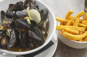 Moules Frites, thoroughly enjoyed in Bruges, Belgium