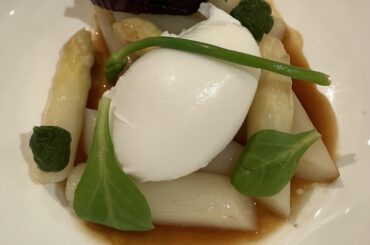White asparagus with a poached egg