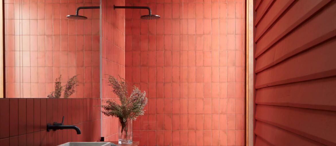 Ochre tile bathroom in a renovated and extended 1900s cottage, Bayswater, Perth, Australia [4000x5200]