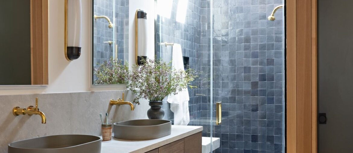 Zellige tile shower with skylights, Newport Beach, Orange County, California [1366x2048]