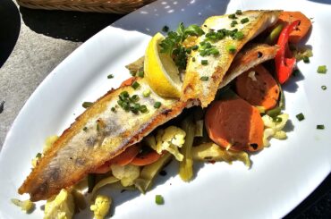 Grilled zander fillets on vegetables (carrots, cauliflower, courgettes, green beans and peppers), Lake Constance, Germany