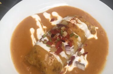 Meat stuffed pancake in paprika sauce, tripe stew with potatoes