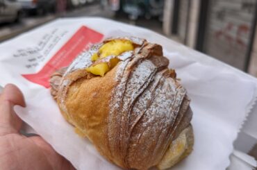 Trip to Rome. Cornetto with cream filling, Ice cream (pistachio and salted caramel), focaccia coppa di testa.