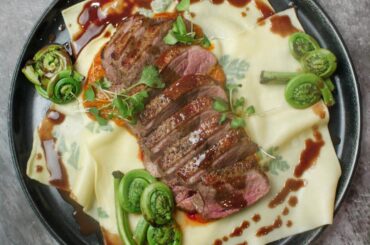 Main Course: Freshly rolled & herb laminated pasta plates, duck breast, passata sauce, fiddleheads & and red-wine reduction butter sauce / Dessert: Naval orange sorbet with a wild berry coulis served in an orange peel cup