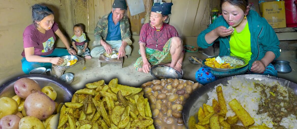 Home made Potatoes French Fries & Rice making & eating || Village Style Potatoes recipe #villagefood