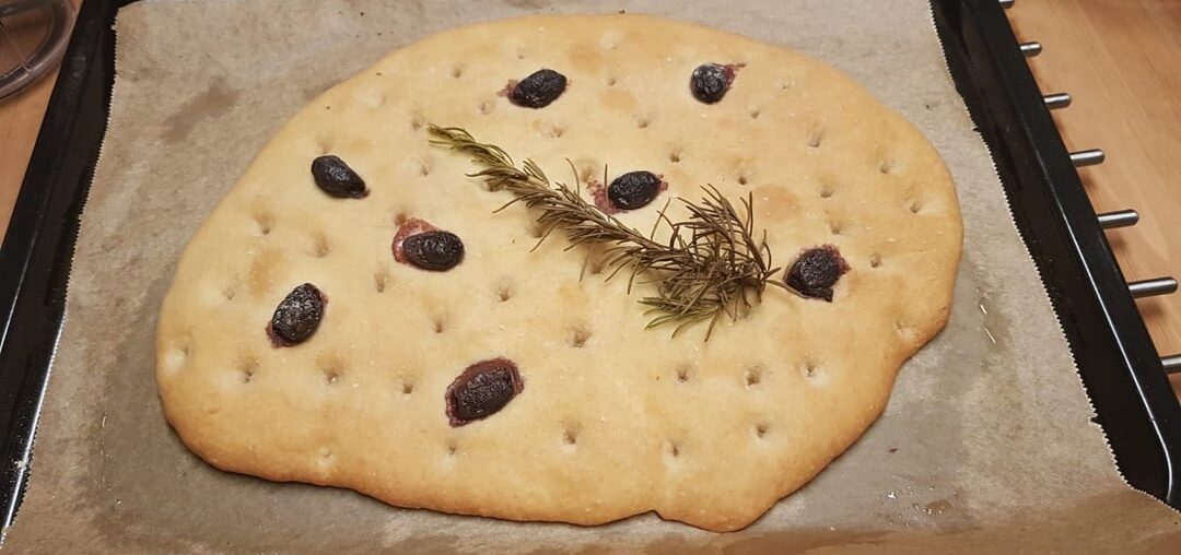 focaccia and mediterranean vegetables with feta