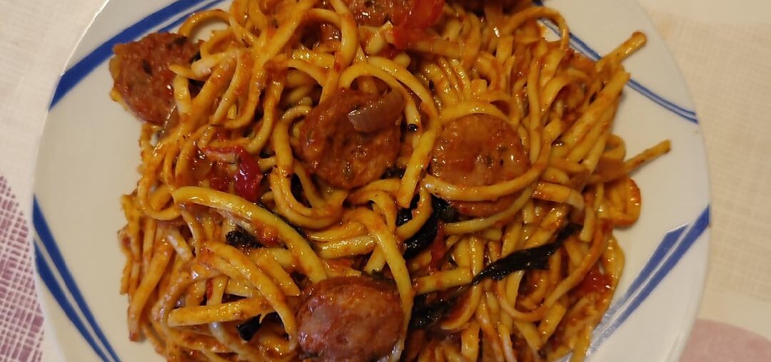 Linguine with spetzofái (sausage and peppers spicy sauce)
