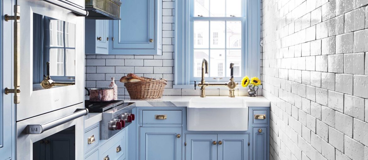 Butler's pantry with light blue cabinetry and subway tile backsplash in a Nova Scotia house, Canada [3840x5120]