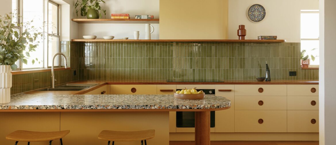 Kitchen renovation with mustard yellow cabinetry and green tiles in a Mid-century house, Angaston, Barossa Valley, South Australia [4000x2000]