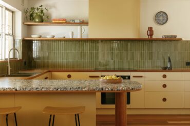 Kitchen renovation with mustard yellow cabinetry and green tiles in a Mid-century house, Angaston, Barossa Valley, South Australia [4000x2000]