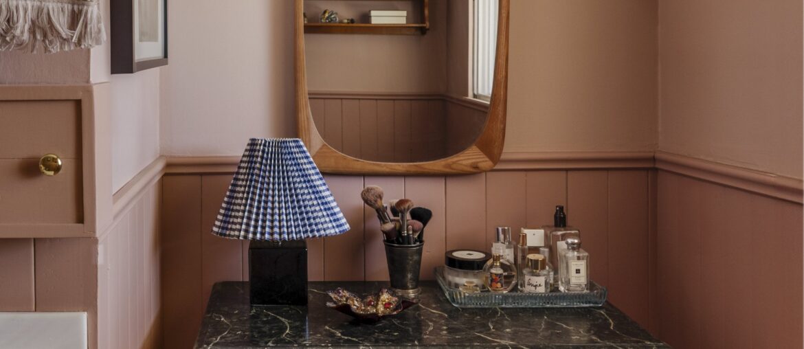 Bathroom with pink terrazzo floors in a renovated 1958 bungalow, Calgary, Alberta, Canada [2500x3828]