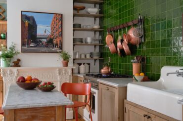 Kitchen with a green-tiled wall in a renovated pre-war townhouse, Greenpoint, Brooklyn, New York City [5477x7303]