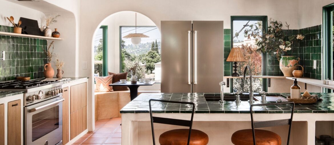 Kitchen renovation with green zellige tile backsplash and breakfast nook in a Spanish Revival house, Highland Park, Los Angeles [2048x1365]