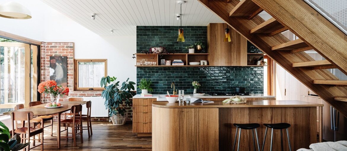 Kitchen and living space in the modern extension to a late 1800s cottage in Melbourne, Australia [1600x1024]