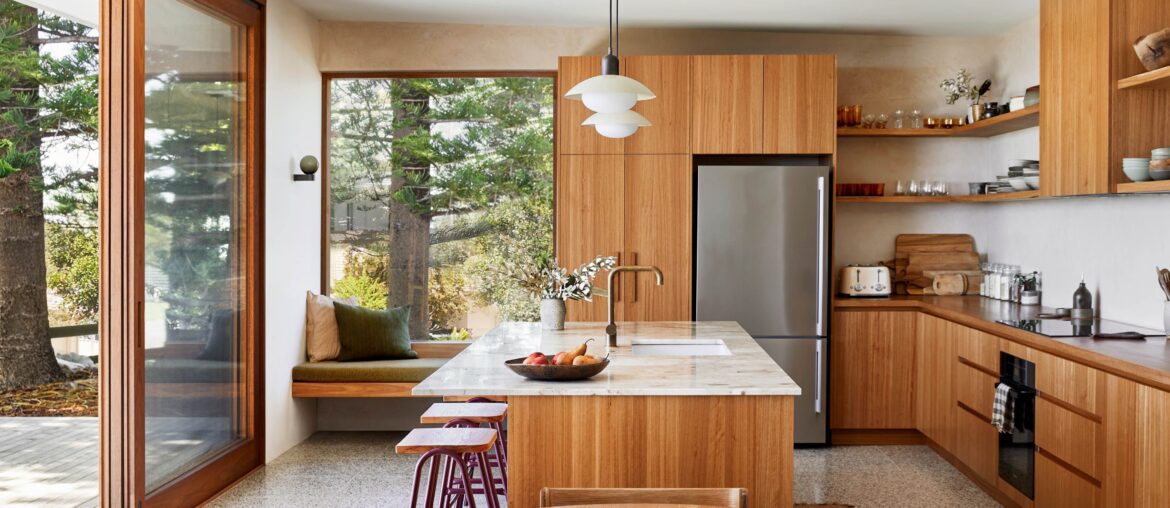 Bright and airy kitchen with a window seat in a beach house, Minnie Water, Byron Bay, New South Wales, Australia [4000x2249]