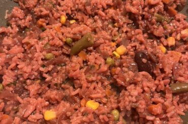 wanted beet soup yesterday. also wanted some heaviness to it so added rice. ended up with beet rice. reheating it rn