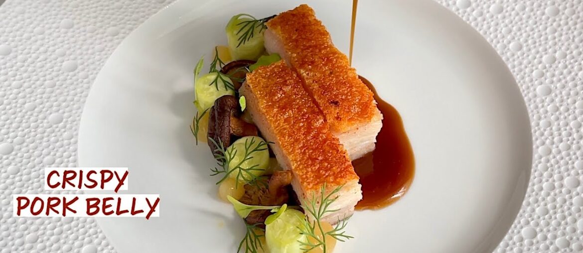 Fine Dining Crispy Pork Belly Dish with Pickled Mushrooms, Compressed Cucumber and Apple Mustard Gel