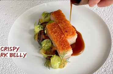 Fine Dining Crispy Pork Belly Dish with Pickled Mushrooms, Compressed Cucumber and Apple Mustard Gel