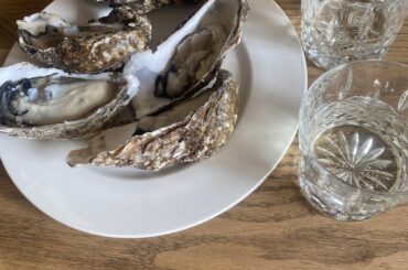 oysters, english sparkling wine, and two kinds of shrimp roll for our anniversary. all caught (🦐) or grown (🍇) within a few miles of us!