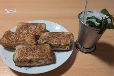 Homemade turkey ham and avocado sandwiches.