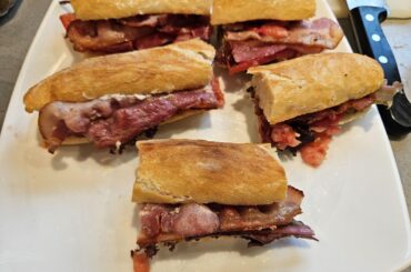 BLT with homegrown tomatoes and lettuce, homemade baguettes, Norwegian bacon from the store...