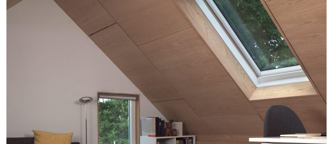 Red oak timber-lined attic inside an existing mid-century single family home in the suburbs of Washington DC [5345x5345]