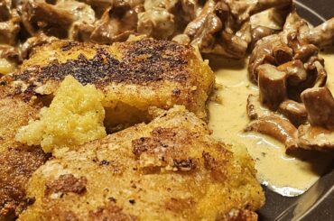 Freshly harvested chanterelles, with leftover polenta cut and fried in slices [instructions in the captions starting with the last picture]