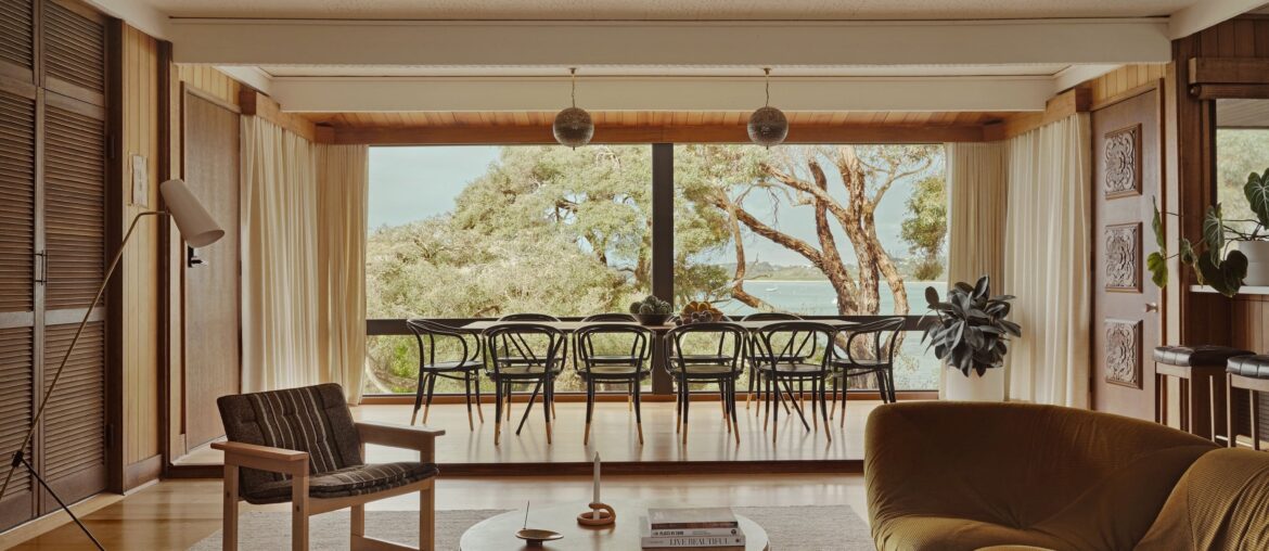 Dining space with ocean views in a renovated mid-century home, Sorrento, Mornington Peninsula, Victoria, Australia [3000x2250]