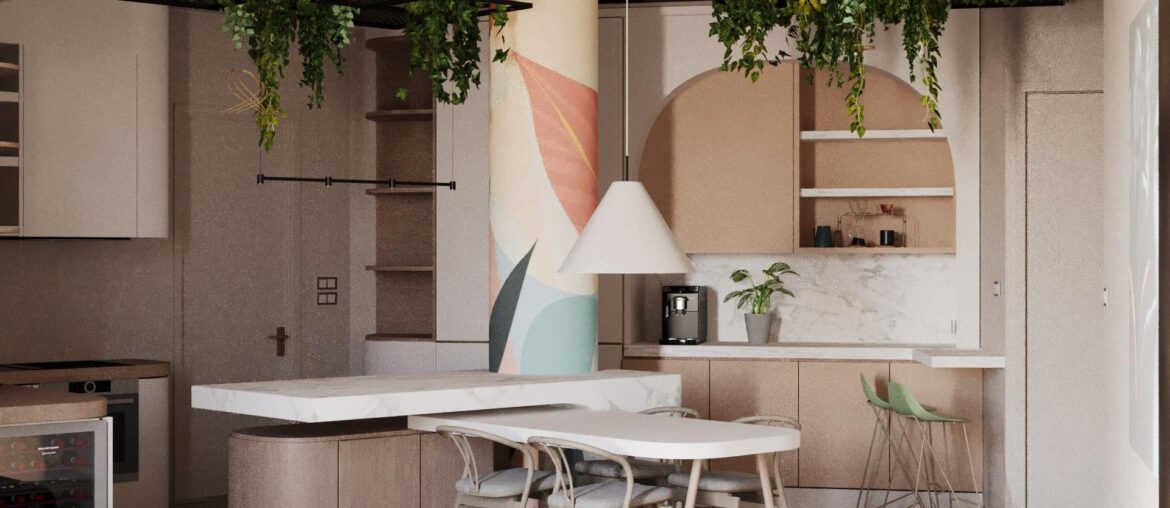 Sketches for My New Loft - Sketches: kitchen (left), island dining convertible/ dining area, and coffee nook (right.) There will also be electric and water on the ceiling for automated irrigation. So fun. (1920x1080)