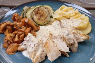Chicken breast with a whole-grain mustard sauce, chanterelles, grilled zucchini, potato gratin (plating advice appreciated)