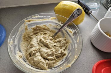 Tasty food doesn't always give elegant photos. Here's a bowl of babaganosh made with aubergines from my garden