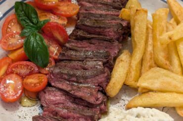 Skirt Steak, Homemade french fries, Tzatziki, Cherry tomatoes