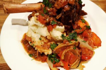 Braised Lamb Shanks with smooth mash and roasted veg (homemade)
