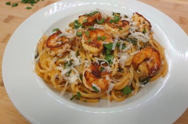 Lemon-Garlic Shrimp with Spaghetti in Brandy reduction with homemade shrimp stock
