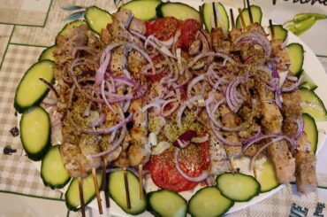 Pork souvláki platter and féta cheese