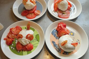 New day, new tomato salad of homegrown tomatoes with pistachio pesto using homegrown basil :-)
