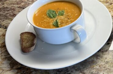 Creamy Tomato Soup from Fresh Tomatoes with Toasted Homemade Baguette