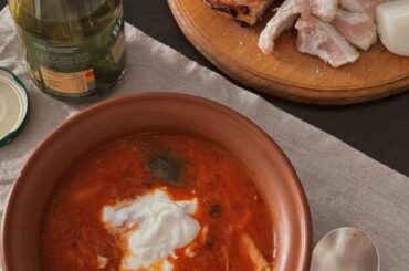 borscht with sour cream, beetroot bread, salo, pickled cucumbers