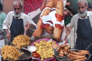 Hard working Old Man Selling Fry Items On Roadside | French Fries | Vegetable Rolls | Potato Samosa