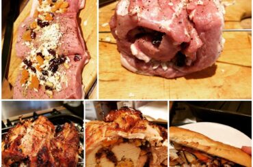 Porchetta sandwich with roasted vege and salsa verde dressing