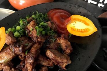 Grilled lamb and early potatoes with tomato salad (and mom's homemade pickles)