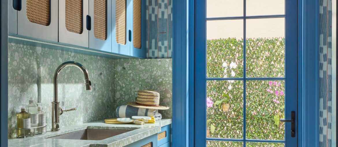 Blue mudroom in a West Palm Beach home, Florida [3300x4125]