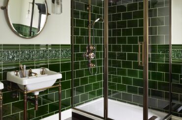Renovated bathroom with acanthus tiles in an Edwardian house, Cambridge, Cambridgeshire, England [1776x2265]