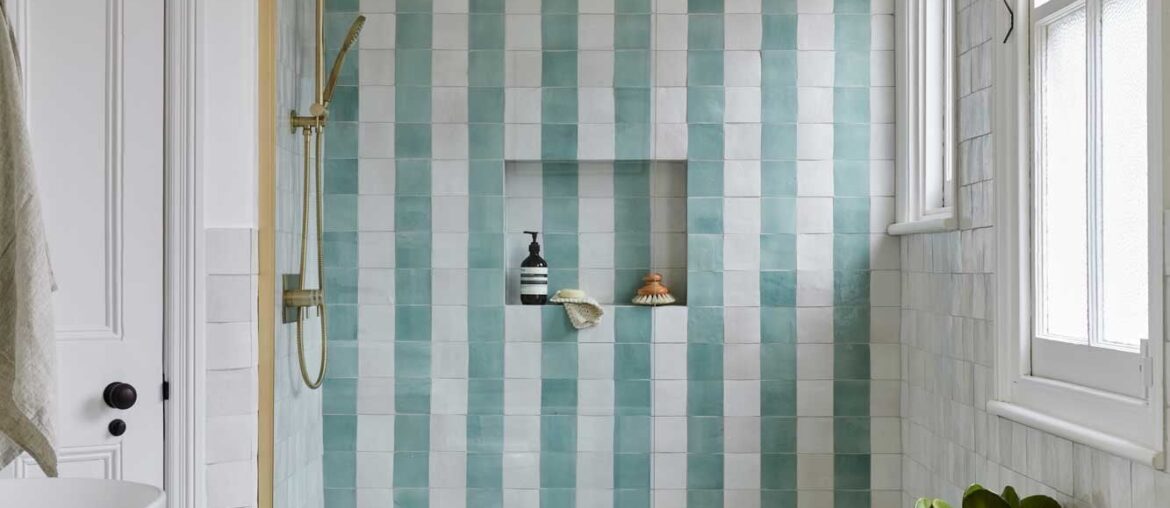 Bathroom with stripe patterns formed with handmade tiles, Herne Hill, South London, UK [1333x2000]