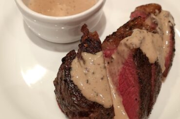 sous vide steak with homemade peppercorn sauce